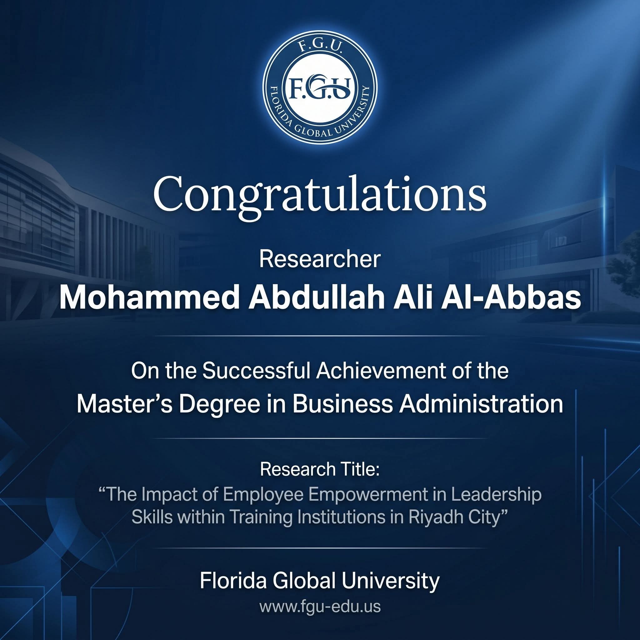 Congratulations to Researcher Mohammed Abdullah Ali Al-Abbas